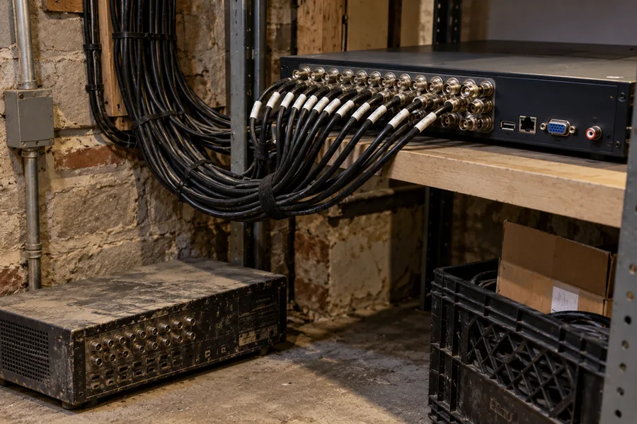Old coax cables connected to a new hybrid recorder in a basement closet